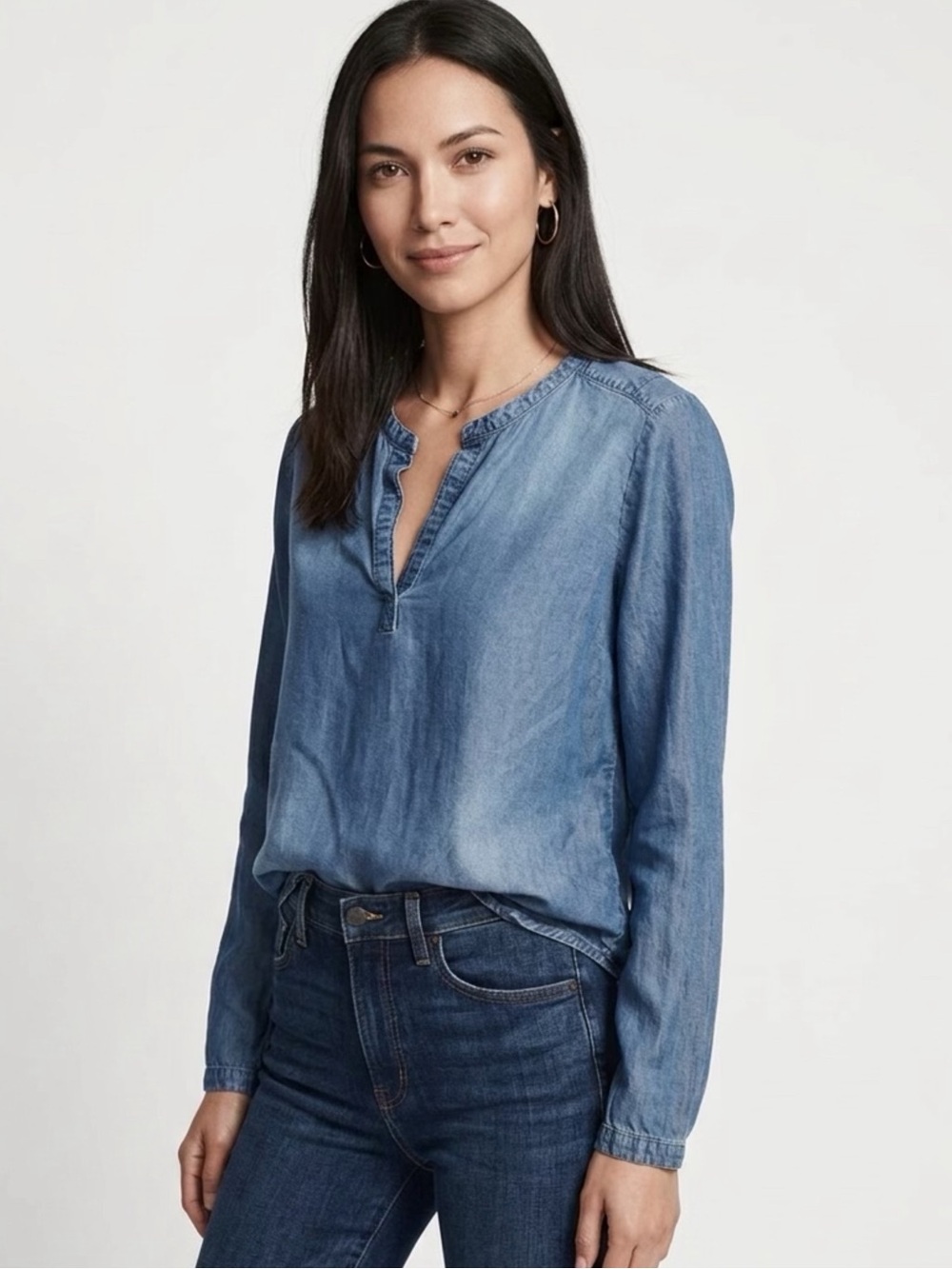 cloth & stone Washed Blue Denim-Effect Long-Sleeve Top